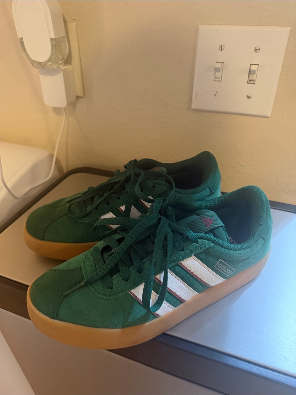 adidas men’s Green Suede Sneakers with White Stripes and Gum Sole